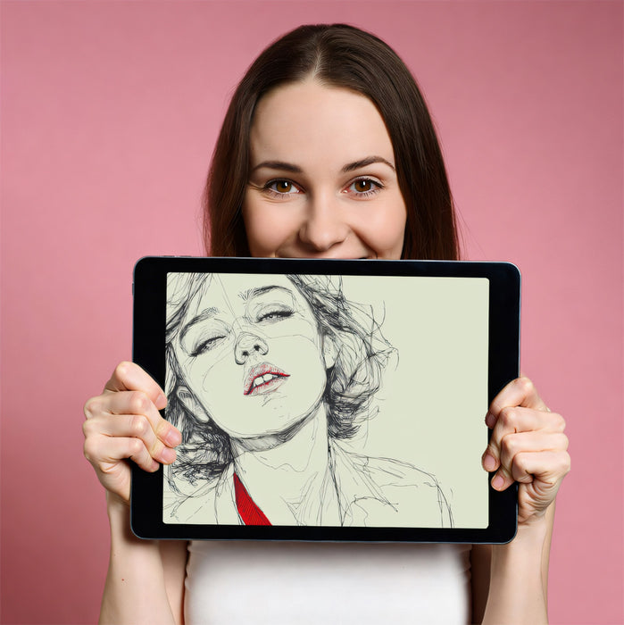 Avant-Garde Minimalist Female Portrait Mural Wallpaper | Raw Pencil Linework, Red Fashion Accent