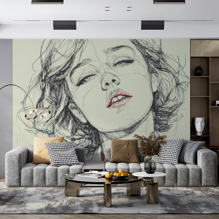 Avant-Garde Minimalist Female Portrait Mural Wallpaper | Raw Pencil Linework, Red Fashion Accent