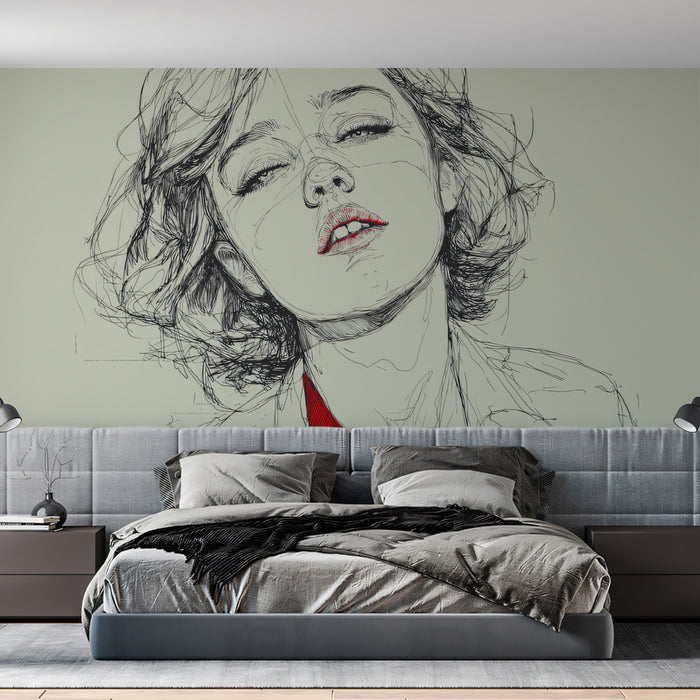 Avant-Garde Minimalist Female Portrait Mural Wallpaper | Raw Pencil Linework, Red Fashion Accent