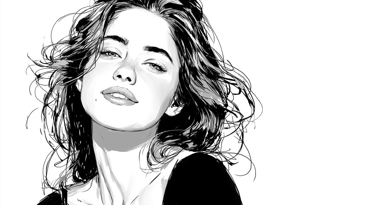 Timeless Monochromatic B&W Female Portrait Mural Wallpaper | High Contrast Graphite Shading, Elegant Art