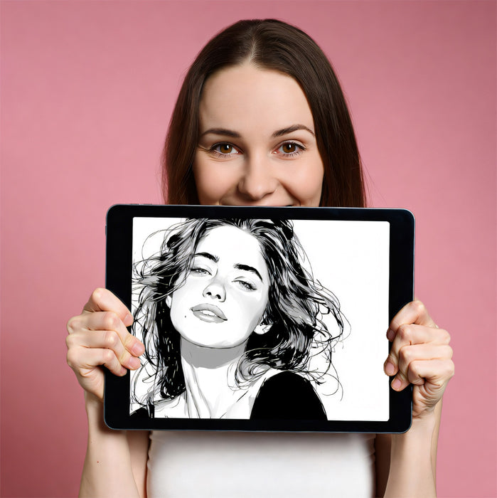 Timeless Monochromatic B&W Female Portrait Mural Wallpaper | High Contrast Graphite Shading, Elegant Art