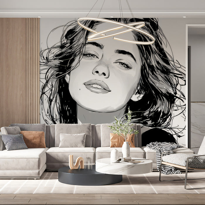 Timeless Monochromatic B&W Female Portrait Mural Wallpaper | High Contrast Graphite Shading, Elegant Art