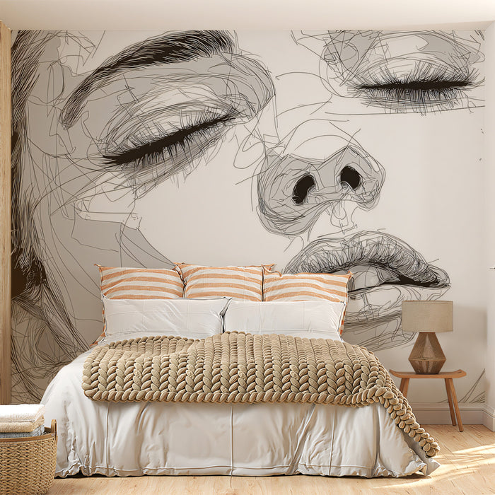 Abstract Contour Line Art Eyes Closed Portrait Mural Wallpaper | Minimalist White & Black Etching