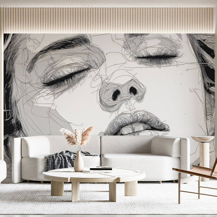 Abstract Contour Line Art Eyes Closed Portrait Mural Wallpaper | Minimalist White & Black Etching