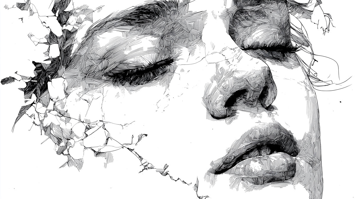 Deconstructed Contour Face Mural Wallpaper | Modern Artistic Etching, High-Detail Minimalist Portrait