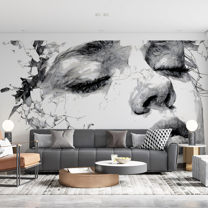 Deconstructed Contour Face Mural Wallpaper | Modern Artistic Etching, High-Detail Minimalist Portrait