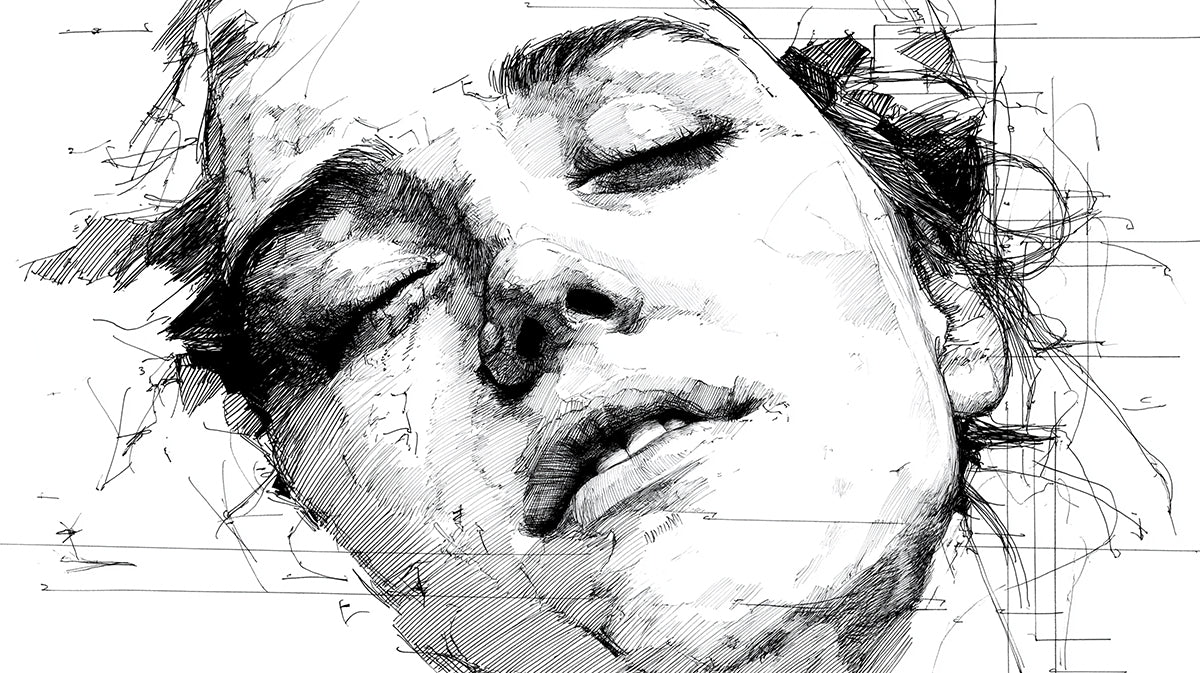 Schematic Architectural Portrait Mural Wallpaper | Grid Line Overlay, Intricate Fine Art Sketch