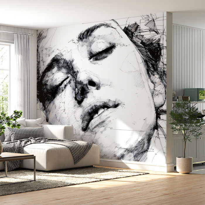 Schematic Architectural Portrait Mural Wallpaper | Grid Line Overlay, Intricate Fine Art Sketch