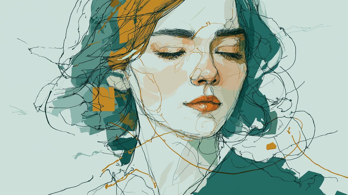 Impressionist Scribble Sketch Woman Mural Wallpaper | Teal and Ochre Accents, Fluid Creative Portrait