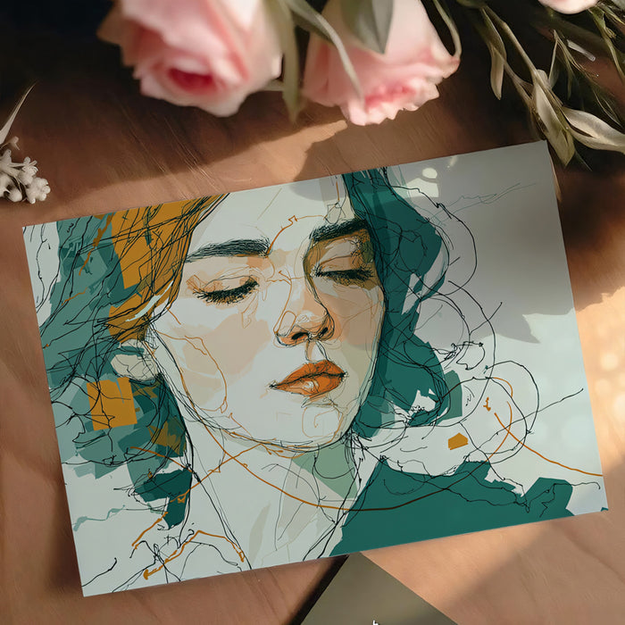 Impressionist Scribble Sketch Woman Mural Wallpaper | Teal and Ochre Accents, Fluid Creative Portrait