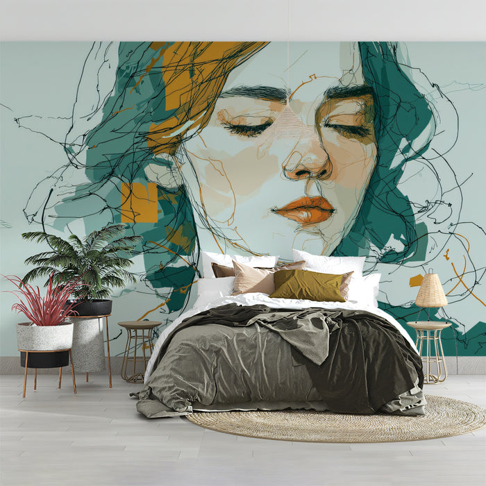 Impressionist Scribble Sketch Woman Mural Wallpaper | Teal and Ochre Accents, Fluid Creative Portrait