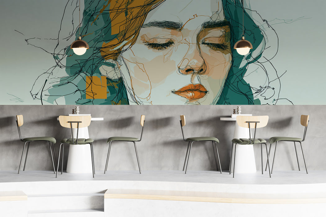 Impressionist Scribble Sketch Woman Mural Wallpaper | Teal and Ochre Accents, Fluid Creative Portrait