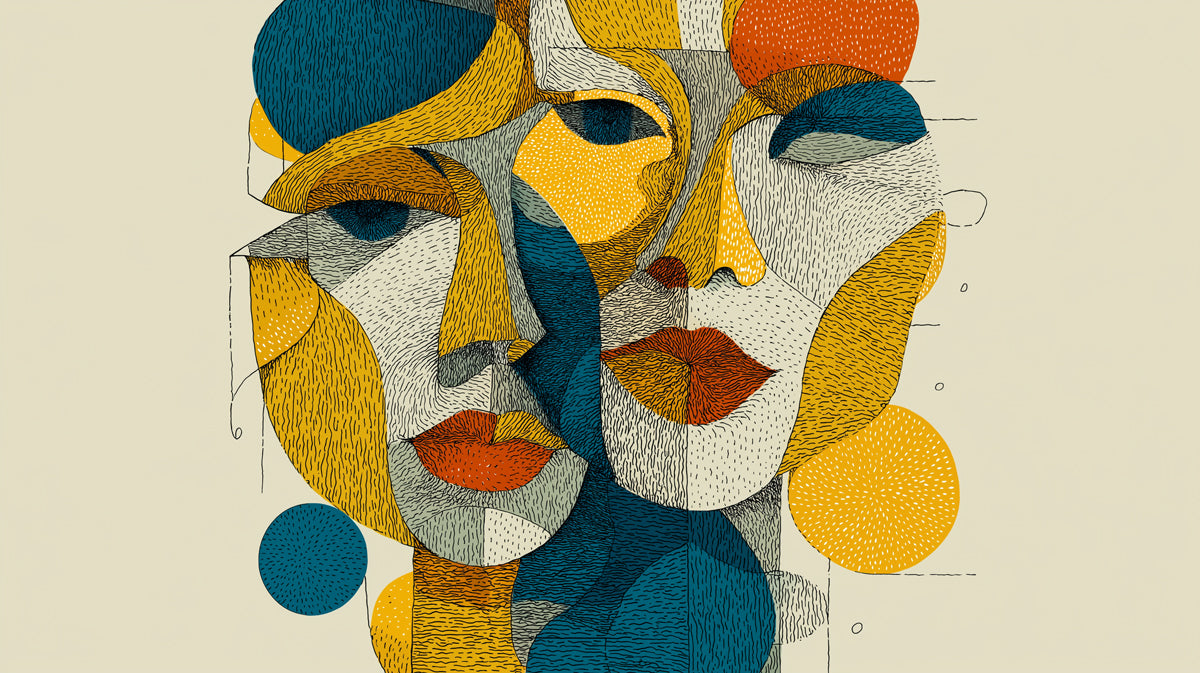 Geometric Cubist Abstract Faces Mural Wallpaper | Multi-Tone Primary Colors, Modern Artistic Hatching