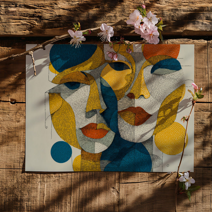 Geometric Cubist Abstract Faces Mural Wallpaper | Multi-Tone Primary Colors, Modern Artistic Hatching