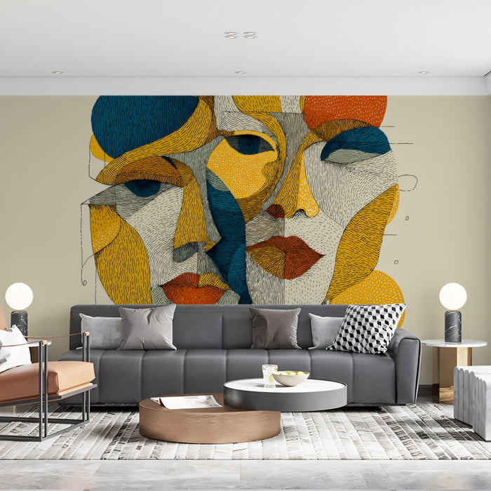 Geometric Cubist Abstract Faces Mural Wallpaper | Multi-Tone Primary Colors, Modern Artistic Hatching