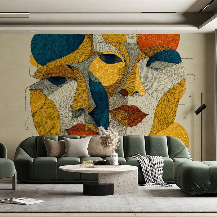 Geometric Cubist Abstract Faces Mural Wallpaper | Multi-Tone Primary Colors, Modern Artistic Hatching