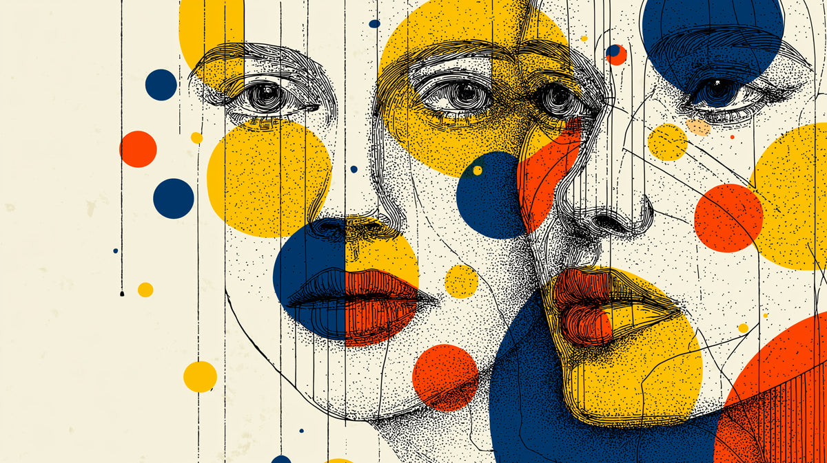 Graphic Polka Dot Overlay Female Portrait Mural Wallpaper | Primary Color Circles, Contemporary Fine Line Sketch