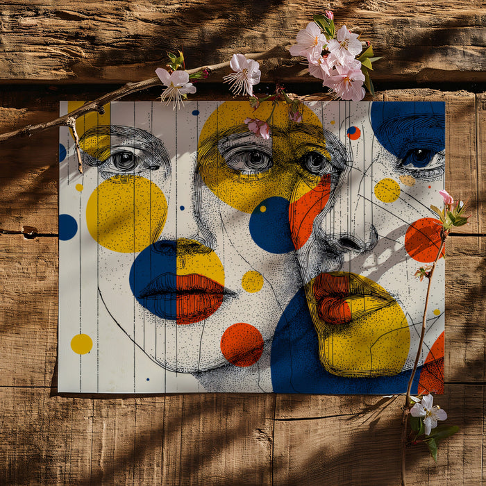 Graphic Polka Dot Overlay Female Portrait Mural Wallpaper | Primary Color Circles, Contemporary Fine Line Sketch