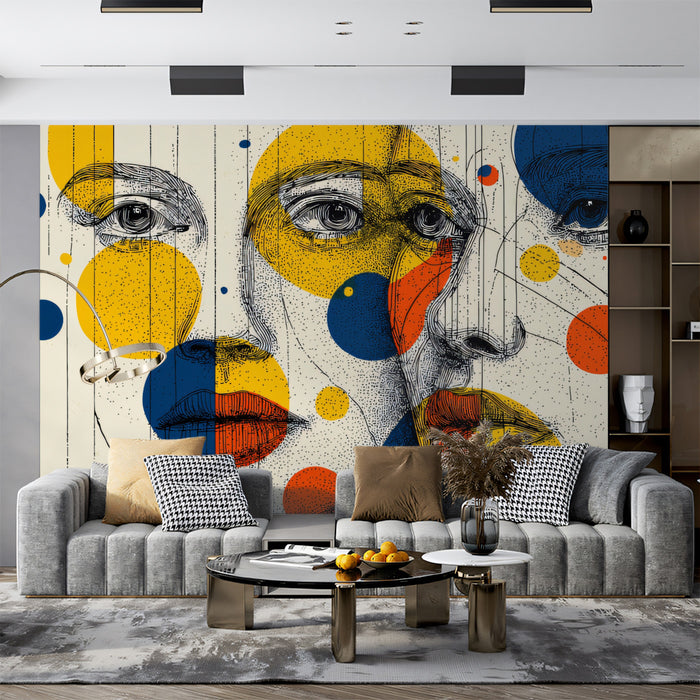 Graphic Polka Dot Overlay Female Portrait Mural Wallpaper | Primary Color Circles, Contemporary Fine Line Sketch