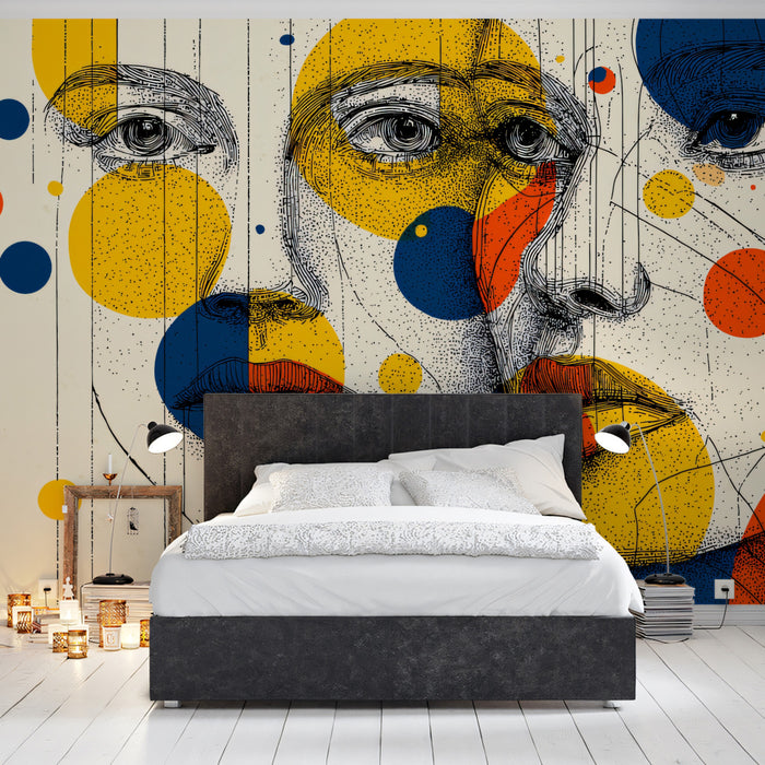 Graphic Polka Dot Overlay Female Portrait Mural Wallpaper | Primary Color Circles, Contemporary Fine Line Sketch