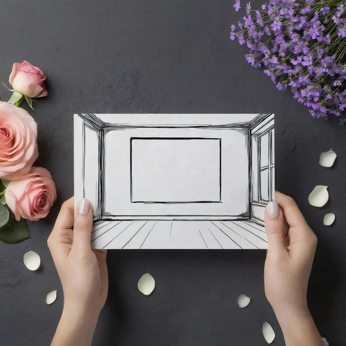 Hand Drawn Empty Room Interior Sketch Mural Wallpaper | Black and White Architectural Draft