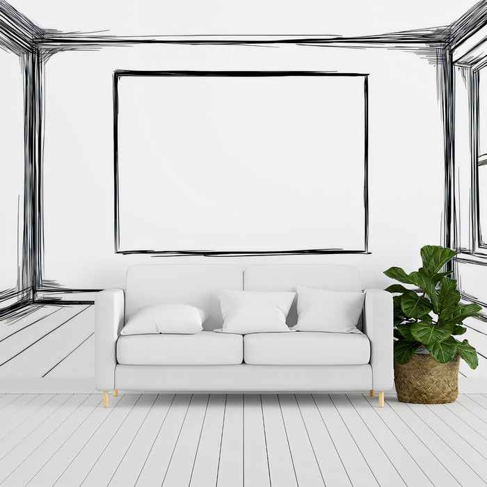 Hand Drawn Empty Room Interior Sketch Mural Wallpaper | Black and White Architectural Draft