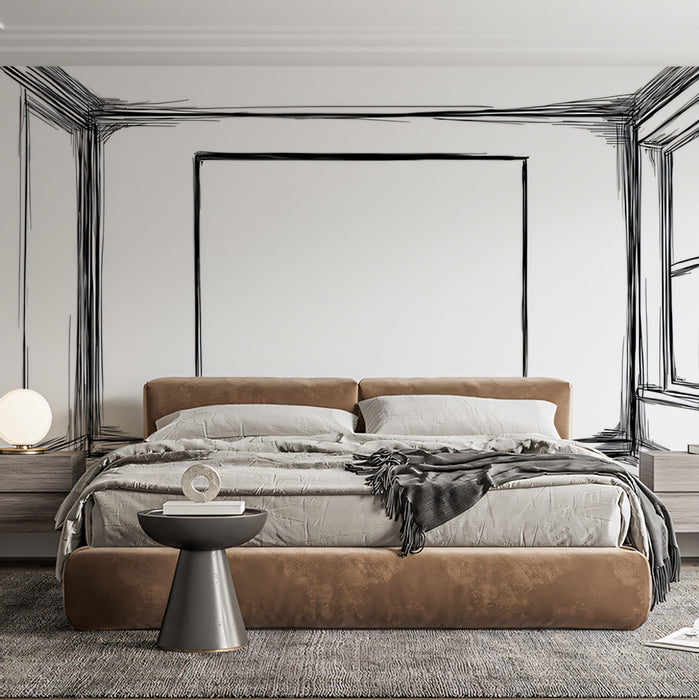 Hand Drawn Empty Room Interior Sketch Mural Wallpaper | Black and White Architectural Draft