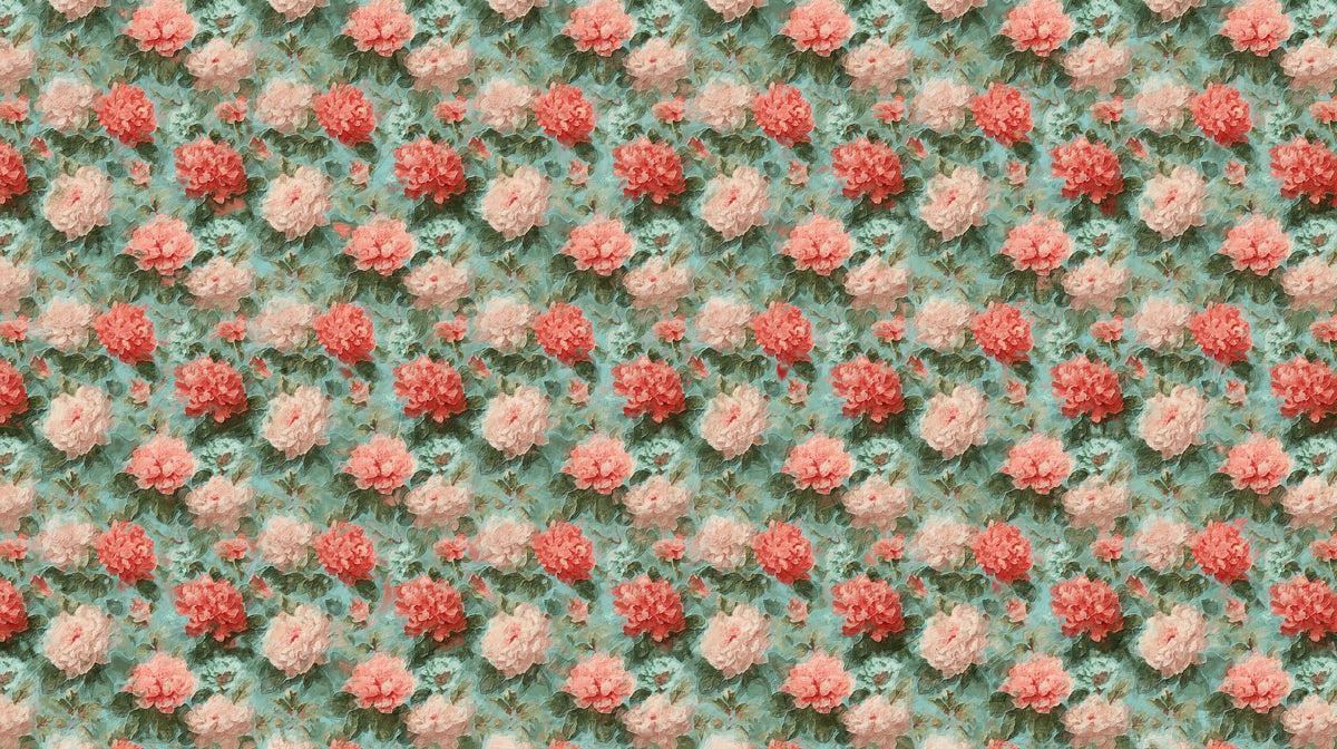 Vintage Teal Pink Peony Oil Painting Mural Wallpaper | Classical Floral Texture