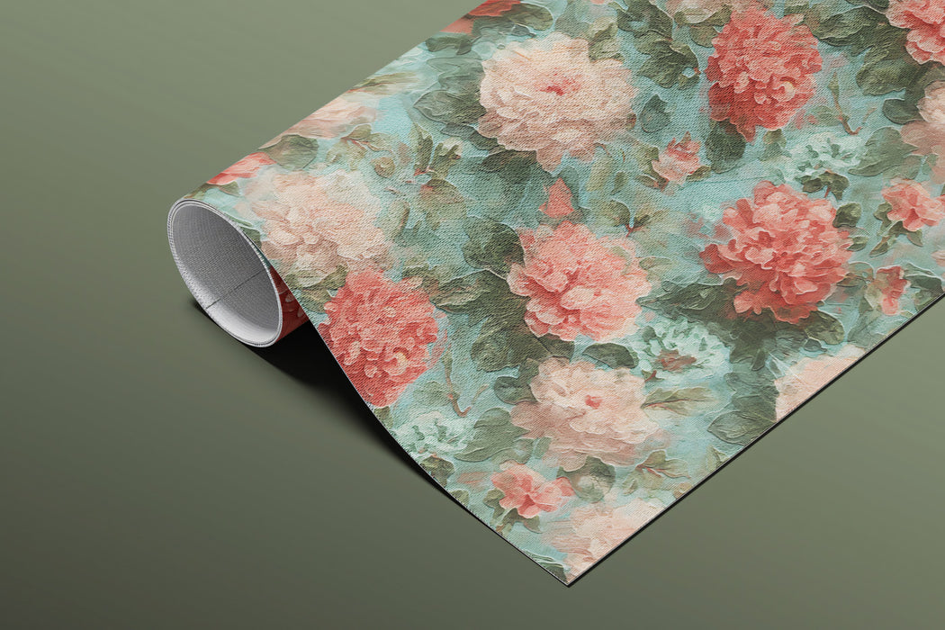 Vintage Teal Pink Peony Oil Painting Mural Wallpaper | Classical Floral Texture