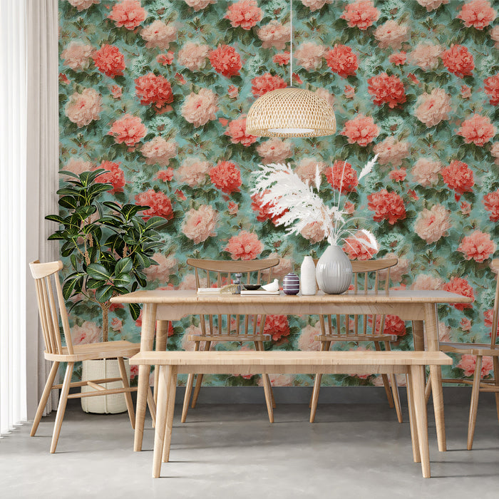 Vintage Teal Pink Peony Oil Painting Mural Wallpaper | Classical Floral Texture