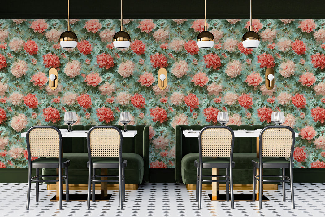 Vintage Teal Pink Peony Oil Painting Mural Wallpaper | Classical Floral Texture