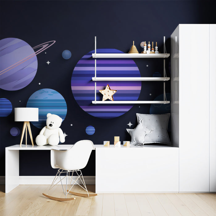 Paper Cut Style Space Planets Mural Wallpaper | Dark Purple Cartoon Galaxy