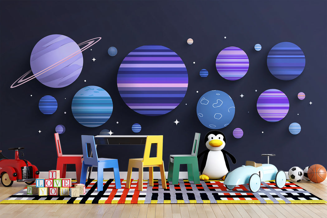 Paper Cut Style Space Planets Mural Wallpaper | Dark Purple Cartoon Galaxy