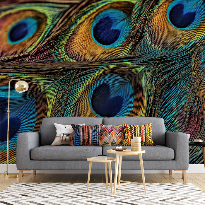 Iridescent Peacock Feather Texture Macro Mural Wallpaper | Luxury Blue Green Gold