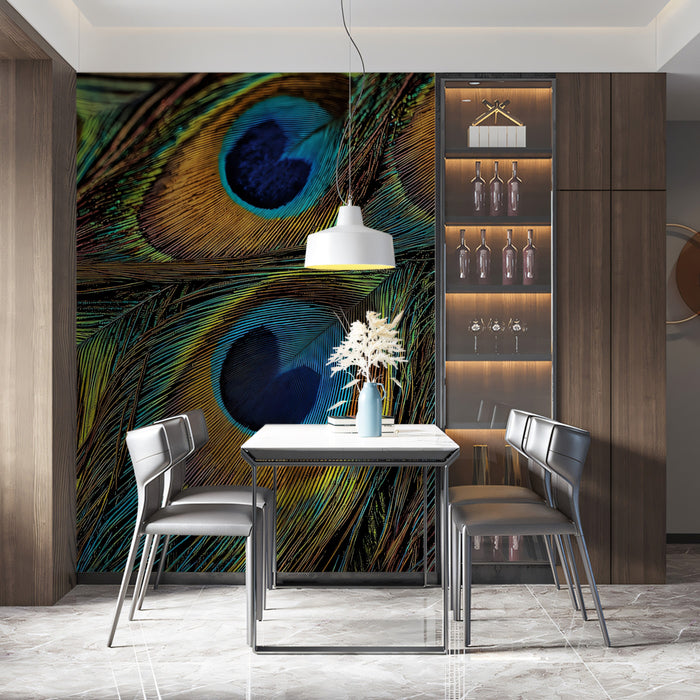 Iridescent Peacock Feather Texture Macro Mural Wallpaper | Luxury Blue Green Gold