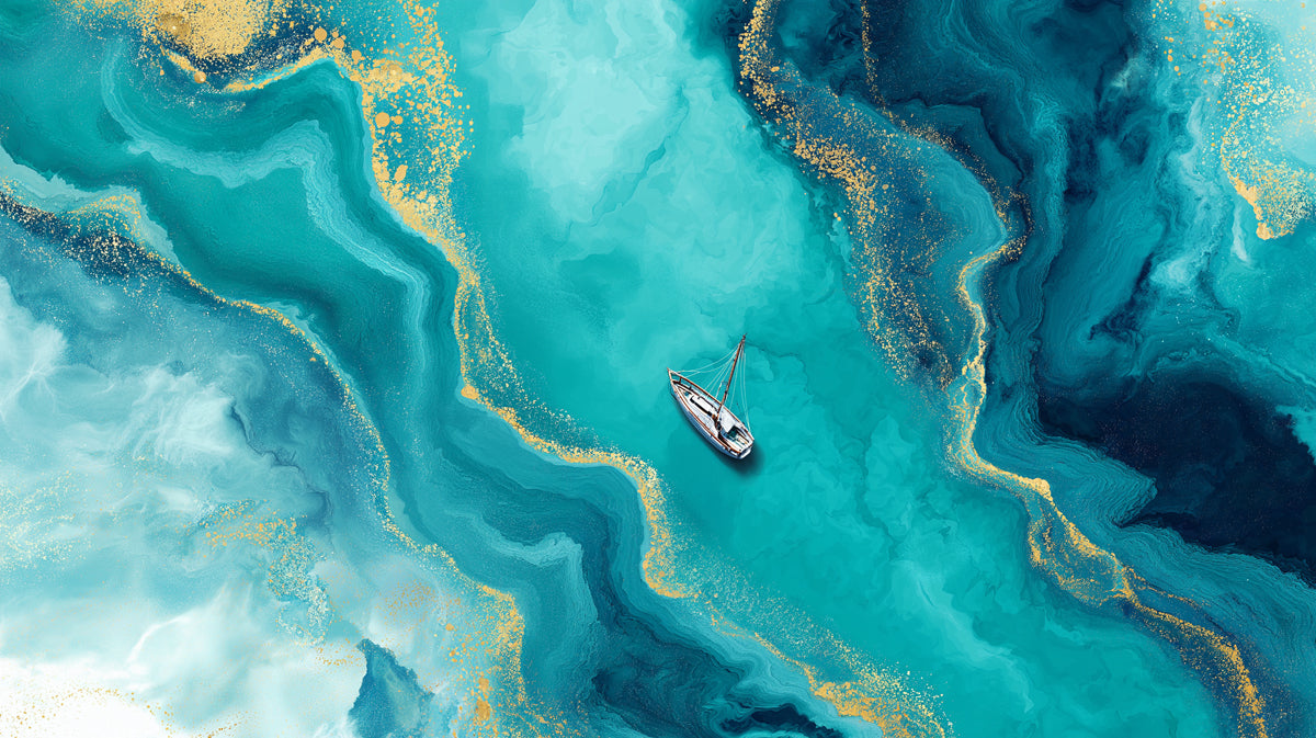 Vibrant Teal Gold Ocean Fluid Art Mural Wallpaper | Aerial Boat Scene