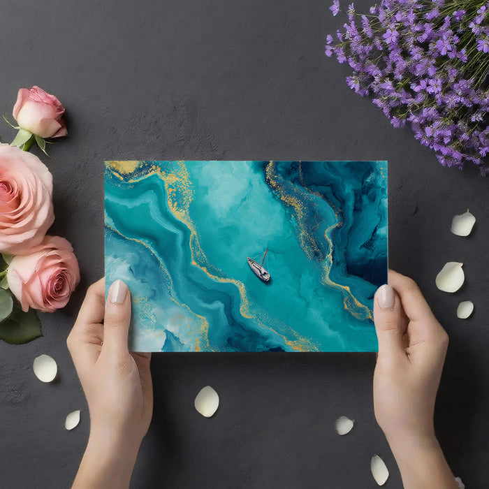 Vibrant Teal Gold Ocean Fluid Art Mural Wallpaper | Aerial Boat Scene