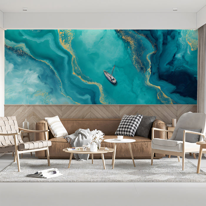 Vibrant Teal Gold Ocean Fluid Art Mural Wallpaper | Aerial Boat Scene