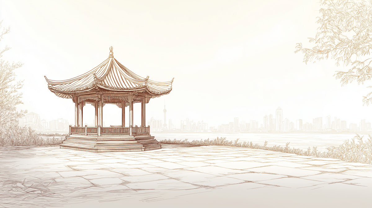 Traditional Chinese Pavilion Sketch Landscape Mural Wallpaper | Sepia Shanghai Skyline