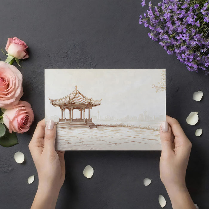 Traditional Chinese Pavilion Sketch Landscape Mural Wallpaper | Sepia Shanghai Skyline
