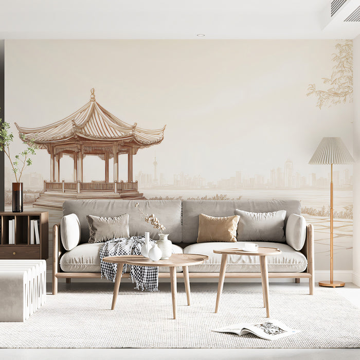 Traditional Chinese Pavilion Sketch Landscape Mural Wallpaper | Sepia Shanghai Skyline