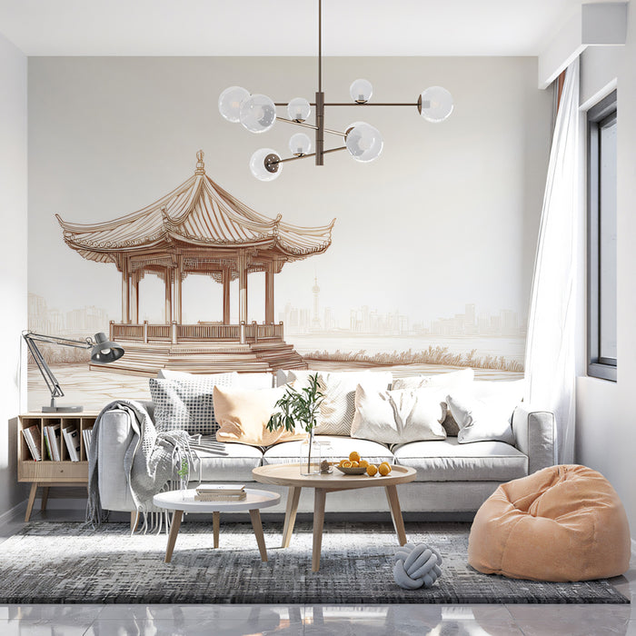 Traditional Chinese Pavilion Sketch Landscape Mural Wallpaper | Sepia Shanghai Skyline