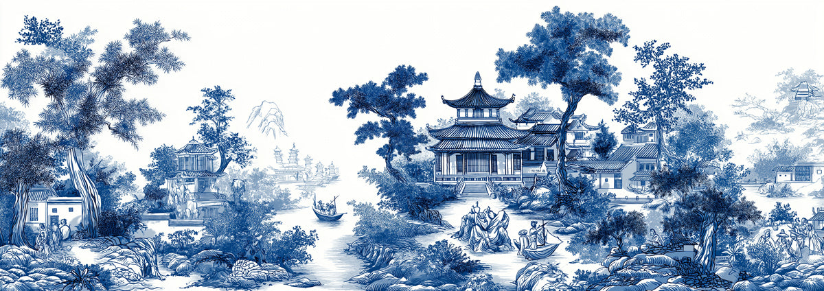 Blue White Chinoiserie Landscape Mural Wallpaper | Traditional Porcelain Style
