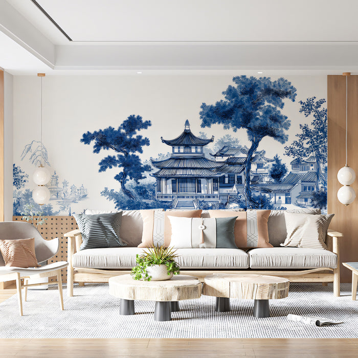 Blue White Chinoiserie Landscape Mural Wallpaper | Traditional Porcelain Style