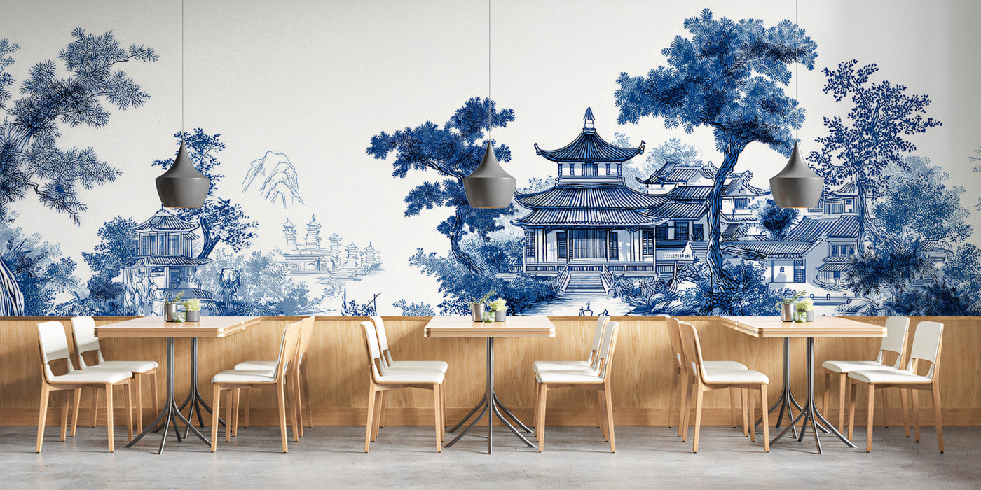Blue White Chinoiserie Landscape Mural Wallpaper | Traditional Porcelain Style