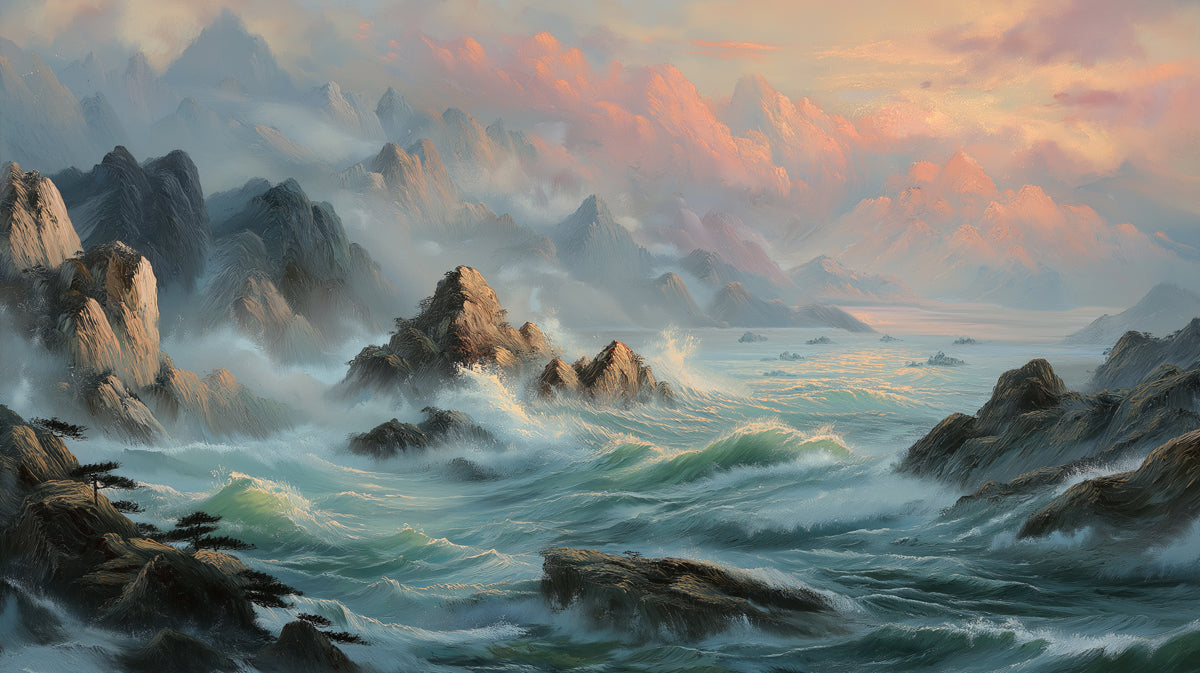 Chinese Landscape Oil Painting Mountain Sea Mural Wallpaper | Majestic Waves and Peaks
