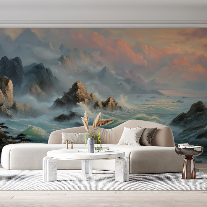 Chinese Landscape Oil Painting Mountain Sea Mural Wallpaper | Majestic Waves and Peaks
