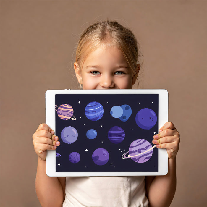 Cartoon Space Planets Pattern Mural Wallpaper | Dark Blue Kids Galaxy Theme