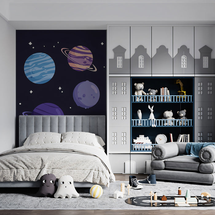 Cartoon Space Planets Pattern Mural Wallpaper | Dark Blue Kids Galaxy Theme