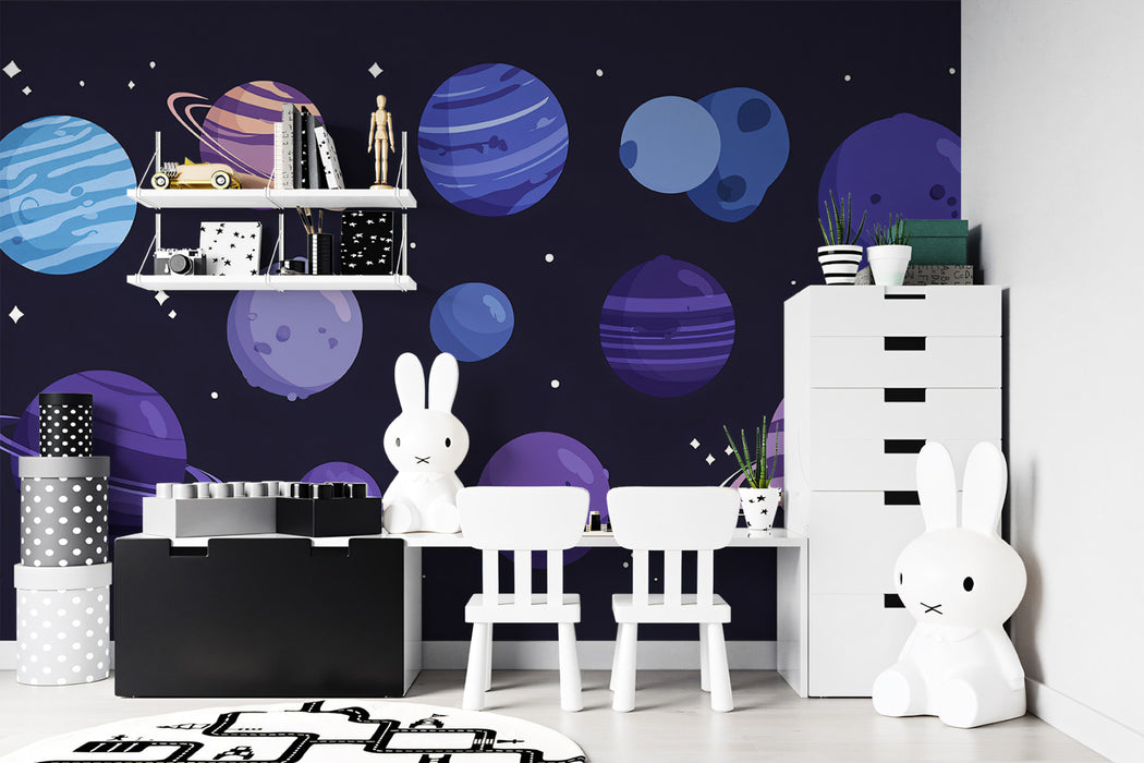 Cartoon Space Planets Pattern Mural Wallpaper | Dark Blue Kids Galaxy Theme
